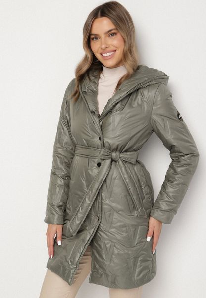 Zielona Kurtka z Pikowanymi Przeszyciami Kapturem i Wiązanym Paskiem Erlexie. Zielone kurtki damskie Born2be, xl, bez wzorów, z dzianiny. Za 159.99 zł.