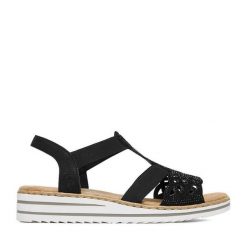 Sandały Rieker. Brązowe sandały damskie Rieker, bez wzorów, bez obcasa, na koturnie, bez zapięcia. Za 329.99 zł.