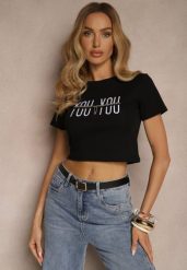 Czarny T-shirt z Bawełny Ozdobiony Łańcuchem i Napisem Olithel. Czarne t-shirty damskie Renee, m, bez wzorów, z bawełny, bez kołnierzyka. Za 39.99 zł.