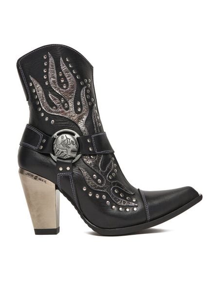 NEW ROCK Kowbojki M-7919-S1 Czarny. Czarne botki damskie NEW ROCK, ze skóry, rockowe, bez obcasa, na słupku, bez zapięcia. Za 1,159.00 zł.