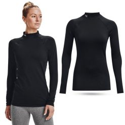 Koszulka termiczna damska Under Armour ColdGear Authentics golf. Czarne golfy damskie Under Armour, l, bez wzorów, bez kołnierzyka, bez ramiączek. Za 159.99 zł.