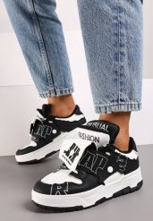 Czarno-Białe Płaskie Sznurowane Sneakersy z Napisami Friefra. Czarne obuwie sportowe damskie Born2be, z materiału, bez zapięcia. Za 99.99 zł.