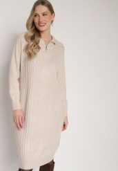 Jasnobeżowa Sweterkowa Sukienka Pudełkowa z Bawełną i Wełną Ozdobiona Suwakiem Reimia. Brązowe sukienki damskie Born2be, bez wzorów, z bawełny, klasyczne, bez ramiączek. Za 79.99 zł.