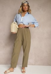 Ciemnozielone Spodnie z Bawełny High Waist Sonirea. Zielone spodnie materiałowe damskie Renee, bez wzorów, z bawełny. Za 39.99 zł.