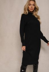 Czarna Pudełkowa Sukienka z Półgolfem Wiskozą Modalem i Prążkowanymi Elementami Ennora. Czarne sukienki damskie Renee, bez wzorów, prążkowane, biznesowe, bez ramiączek. W wyprzedaży za 95.99 zł.