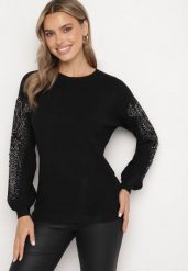 Czarny Sweter z Bawełną Ozdobiony Cyrkoniami i Koronką Tinetta. Czarne swetry klasyczne damskie Born2be, na zimę, z bawełny, bez kołnierzyka. Za 74.99 zł.