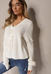 Biały Sweter z Falbanką i Wiązaniem pod Biustem Tericca. Białe swetry klasyczne damskie Renee, l, bez kołnierzyka. Za 59.99 zł.