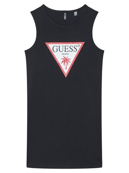 Guess Sukienka codzienna J6GK25 JA914 Czarny Regular Fit. Czarne sukienki dziewczęce Guess, z aplikacjami, z bawełny, bez ramiączek, proste. Za 92.99 zł.