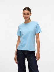 Vero Moda Koszulka w kolorze błękitnym rozmiar: L. Niebieskie bluzki damskie Vero Moda, l, bez wzorów, z bawełny, bez kołnierzyka, bez ramiączek. Za 52.67 zł.