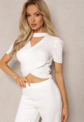 Biała Bluzka z Chokerem o Krótkim Fasonie i Trójkątnym Dekolcie Katrrie. Białe bluzki damskie Renee, s, bez wzorów, eleganckie, bez kołnierzyka, bez ramiączek. Za 54.99 zł.