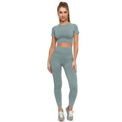 Komplet damski Moraj, top z krótkim rękawem i legginsy długie z wysokim stanem, zielone, BD1900-508 + RDL2200-013. Zielone koszulki sportowe damskie Moraj, m, bez wzorów, z materiału, z podwyższonym stanem, na fitness i siłownię. Za 119.00 zł.