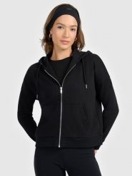 4F Bluza dresowa rozpinana z kapturem damska - czarna M. Czarne kardigany damskie 4F, m, bez wzorów, z bawełny. Za 169.99 zł.