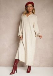 Jasnobeżowa Sweterkowa Sukienka z Wiskozą o Pudełkowym Kroju Ozdobiona Kołnierzykiem Clarinnae. Brązowe sukienki damskie Renee, bez wzorów, z wiskozy, eleganckie, bez ramiączek. W wyprzedaży za 111.99 zł.