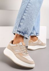 Ciemnobeżowe Sneakersy na Ozdobnej Grubej podeszwie z Brokatem Gelnia. Brązowe obuwie sportowe damskie Renee, bez zapięcia, trekkingowe. Za 89.99 zł.