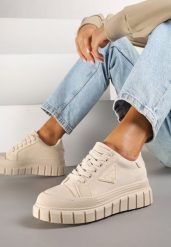 Beżowe Sneakersy Vices na Grubej Podeszwie z Geometryczną Aplikacją Leanae. Brązowe obuwie sportowe damskie Born2be, z jeansu, bez zapięcia. Za 79.99 zł.