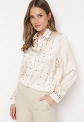 Jasnobeżowa Koszula z Ozdobnym Kołnierzykiem z Ćwiekami i Cyrkoniami Aiatla. Brązowe koszule damskie Born2be, m, bez wzorów, eleganckie, bez kołnierzyka, bez ramiączek. Za 79.99 zł.