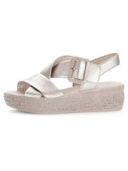 Gabor Skórzane sandały w kolorze beżowym na koturnie rozmiar: 40,5. Brązowe sandały damskie Gabor, bez wzorów, z otwartym noskiem, bez obcasa, na koturnie, bez zapięcia. Za 171.28 zł.