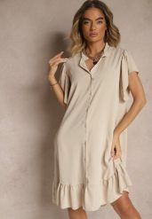 Beżowa Koszulowa Sukienka Ozdobiona Falbankami i Guzikami Tenelora. Brązowe sukienki damskie Renee, bez wzorów, eleganckie, bez ramiączek. W wyprzedaży za 63.99 zł.