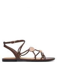 Guess Sandały FLTTAB ELE03 Brązowy. Brązowe sandały damskie Guess, z aplikacjami, ze skóry, bez obcasa, na płaskiej podeszwie, bez zapięcia. Za 444.99 zł.