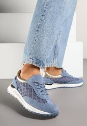 Niebieskie Sneakersy z Ażurowym Zdobieniem i Metalicznymi Wstawkami Sesovienna. Niebieskie obuwie sportowe damskie Renee, z jeansu, bez zapięcia. Za 89.99 zł.