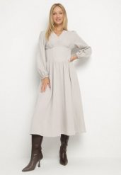 Jasnobeżowa Sukienka z Wiskozą z Gorsetową Talią i Bufiastymi Rękawami Aniste. Brązowe sukienki damskie Born2be, bez wzorów, z poliesteru, eleganckie, bez ramiączek. Za 139.99 zł.