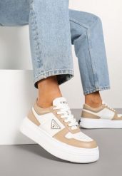 Beżowo-Białe Sneakersy Vices na Grubej Podeszwie z Geometryczną Ozdobą i Perforacją Karvesa. Brązowe obuwie sportowe damskie Born2be, z jeansu, bez zapięcia. Za 109.99 zł.