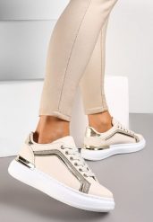 Beżowe Sneakersy na Grubej Podeszwie z Brokatem Veneli. Brązowe obuwie sportowe damskie Renee, bez zapięcia. Za 74.99 zł.