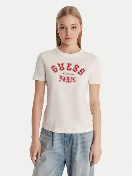 Guess T-Shirt V6RI15 J1314 Biały Regular Fit. Białe t-shirty damskie Guess, xxs, z aplikacjami, z bawełny, bez kołnierzyka. Za 179.99 zł.