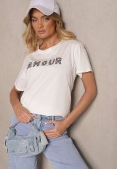 Biały Bawełniany T-shirt z Napisem z Cekinami Marivinna. Białe t-shirty damskie Renee, m, bez wzorów, z bawełny, bez kołnierzyka. Za 34.99 zł.