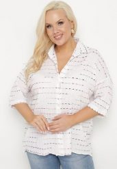 Biała Koszula z Bawełny Ozdobiona Metaliczną Nicią Edirina. Białe koszule damskie Born2be, na lato, l, bez wzorów, z bawełny, eleganckie, bez kołnierzyka, bez ramiączek. Za 39.99 zł.