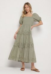 Zielona Bawełniana Sukienka z Haftowanym Wzorem Iffanella. Zielone sukienki damskie Born2be, bez wzorów, z bawełny, eleganckie, bez ramiączek. Za 209.99 zł.