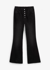 Jeansy z rozszerzanym dołem, high waist, z wygodnym pasem. Czarne jeansy damskie bonprix, z podwyższonym stanem. Za 169.99 zł.