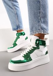 Biało-Zielone Sznurowane Sneakersy za Kostkę z Brokatem i Metalicznymi Wstawkami Sareena. Białe obuwie sportowe damskie Renee, za kostkę, bez zapięcia. Za 49.99 zł.