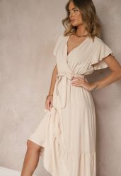 Beżowa Kopertowa Sukienka z Wiskozy Ozdobiona Paskiem Savioneira. Brązowe sukienki damskie Renee, bez wzorów, z jeansu, eleganckie, bez ramiączek. W wyprzedaży za 63.99 zł.