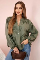 Bluzka bawełniana koszulowa w serca khaki. Brązowe bluzki damskie KESI, l, bez wzorów, z bawełny, eleganckie, bez kołnierzyka, bez ramiączek. Za 179.81 zł.