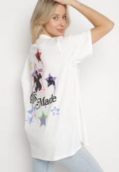 Biały T-shirt z Bawełną Ozdobiony Gwiazdami Karretia. Białe t-shirty damskie Born2be, l, bez wzorów, z bawełny, bez kołnierzyka. Za 49.99 zł.
