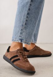 Brązowe Sneakersy Retro Tenisówki z Zamszu Naturalnego ze Skórzaną Wkładką Celarge. Brązowe trampki damskie Born2be, bez wzorów, z jeansu, bez zapięcia. Za 199.99 zł.