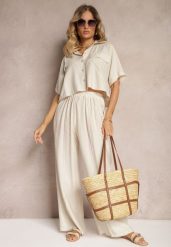 Beżowy 2-Częściowy Komplet z Wiskozy Koszula o Luźnym Kroju Szerokie Spodnie Velvitela. Brązowe koszule damskie Renee, bez wzorów, z materiału, eleganckie, bez kołnierzyka, bez ramiączek. Za 129.99 zł.