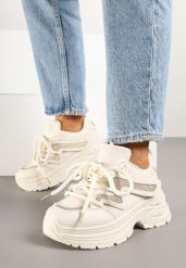 Beżowe Sneakersy z Podwójnym Sznurowaniem i Platformą Hilanne. Brązowe obuwie sportowe damskie Born2be, z jeansu, bez zapięcia. Za 119.99 zł.