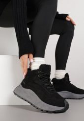 Czarne Sneakersy Śniegowce Vices na Platformie Ozdobione Napisem i Futerkiem Lanite. Czarne obuwie sportowe damskie Renee, z jeansu, bez zapięcia. Za 109.99 zł.