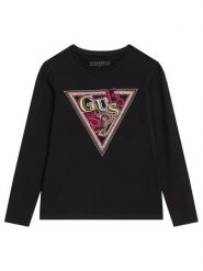 Guess Bluzka J5BI13 J1314 Czarny Regular Fit. Czarne bluzki i koszule dziewczęce Guess, z aplikacjami, z bawełny, bez kołnierzyka, bez ramiączek. Za 89.99 zł.