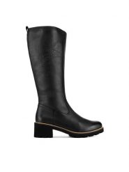 Remonte Kozaki D0A79-00 Czarny. Czarne kozaki damskie Remonte, ze skóry, bez obcasa, na słupku, bez zapięcia. Za 447.00 zł.