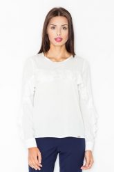 Urocza Ecru Bluzka z Falbankami z Długim Rękawem. Brązowe bluzki damskie Figl, l, bez wzorów, z elastanu, bez kołnierzyka, bez ramiączek. Za 179.00 zł.