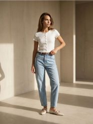 Jeansy balloon high waist z paskiem - niebieski. Niebieskie jeansy damskie Sinsay, z podwyższonym stanem. Za 69.99 zł.