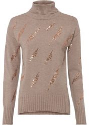 Sweter oversize z cekinami. Brązowe swetry klasyczne damskie bonprix, bez kołnierzyka. Za 169.99 zł.