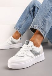 Biało-Srebrne Sneakersy na Platformie z Brokatowymi Akcentami Sellona. Białe obuwie sportowe damskie Renee, z materiału, bez zapięcia. Za 79.99 zł.