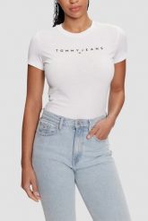 TOMMY JEANS Biały t-shirt damski. Białe t-shirty damskie Tommy Jeans, s, bez wzorów, z jeansu, bez kołnierzyka. W wyprzedaży za 77.99 zł.