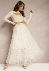 Beżowa Spódnica z Falbankami Rozkloszowana Maxi z Bawełny Alare. Brązowe spódnice damskie Renee, bez wzorów, z bawełny, eleganckie, maxi. Za 79.99 zł.