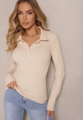Beżowa Prążkowana Bluzka z Bawełny Ozdobiona Guzikami i Kołnierzykami Sesanela. Brązowe bluzki damskie Renee, m, bez wzorów, z bawełny, eleganckie, bez kołnierzyka, bez ramiączek. Za 59.99 zł.