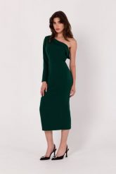 Zielona Sukienka Midi z Odkrytym Ramieniem. Zielone sukienki damskie MOE, bez wzorów, z elastanu, wizytowe, bez ramiączek. Za 289.90 zł.